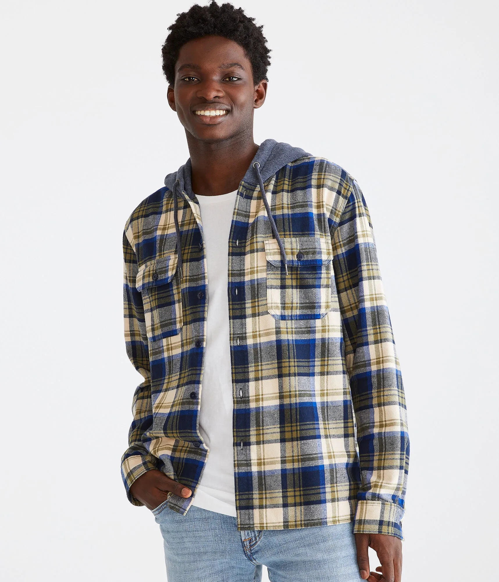 Aeropostale Mens' Long Sleeve Plaid Hooded Flannel Shirt - Light Green - Size XL - Cotton - Teen Fashion & Clothing Caper Green