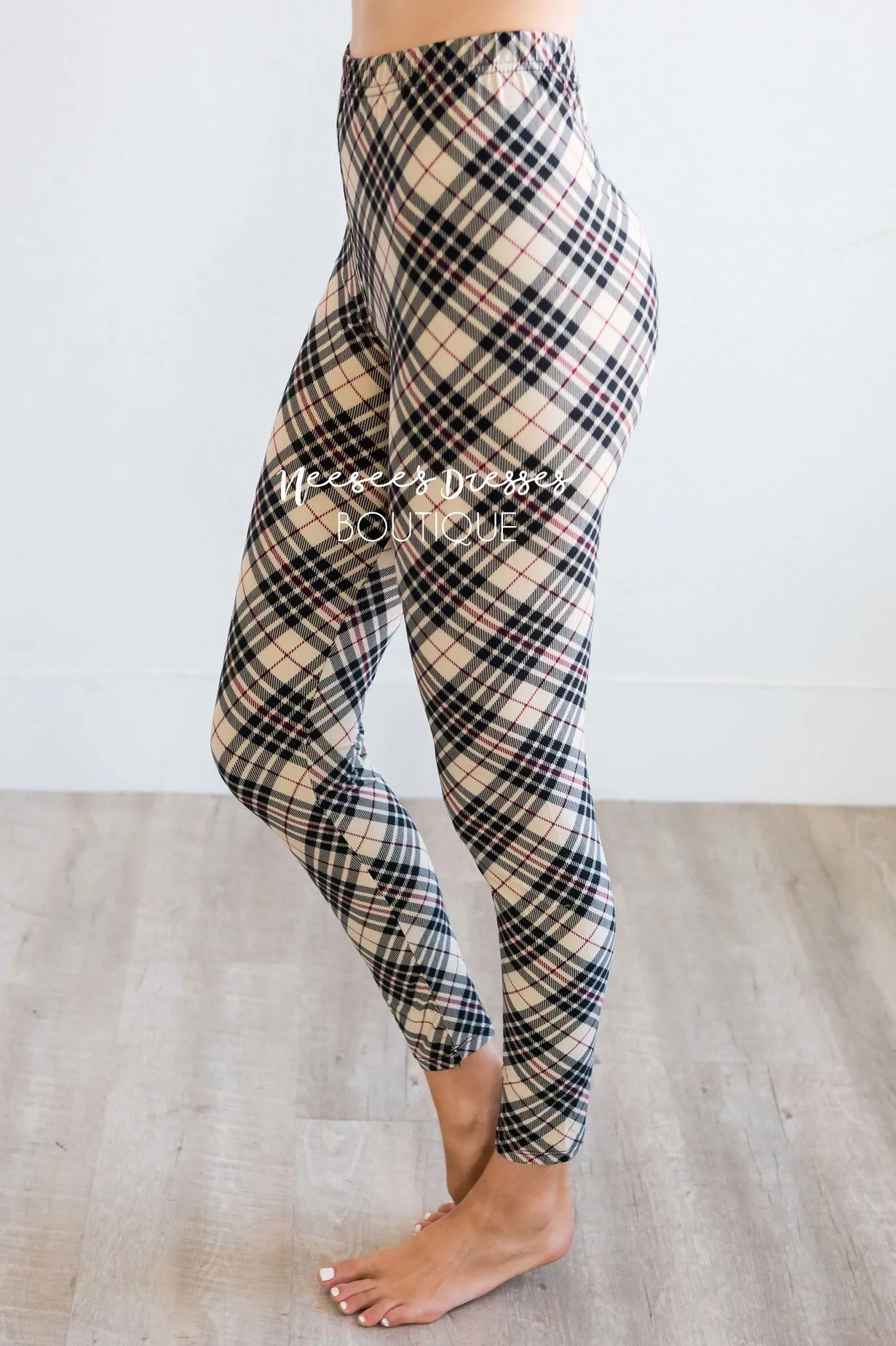 Beige Black & Burgundy Plaid Leggings