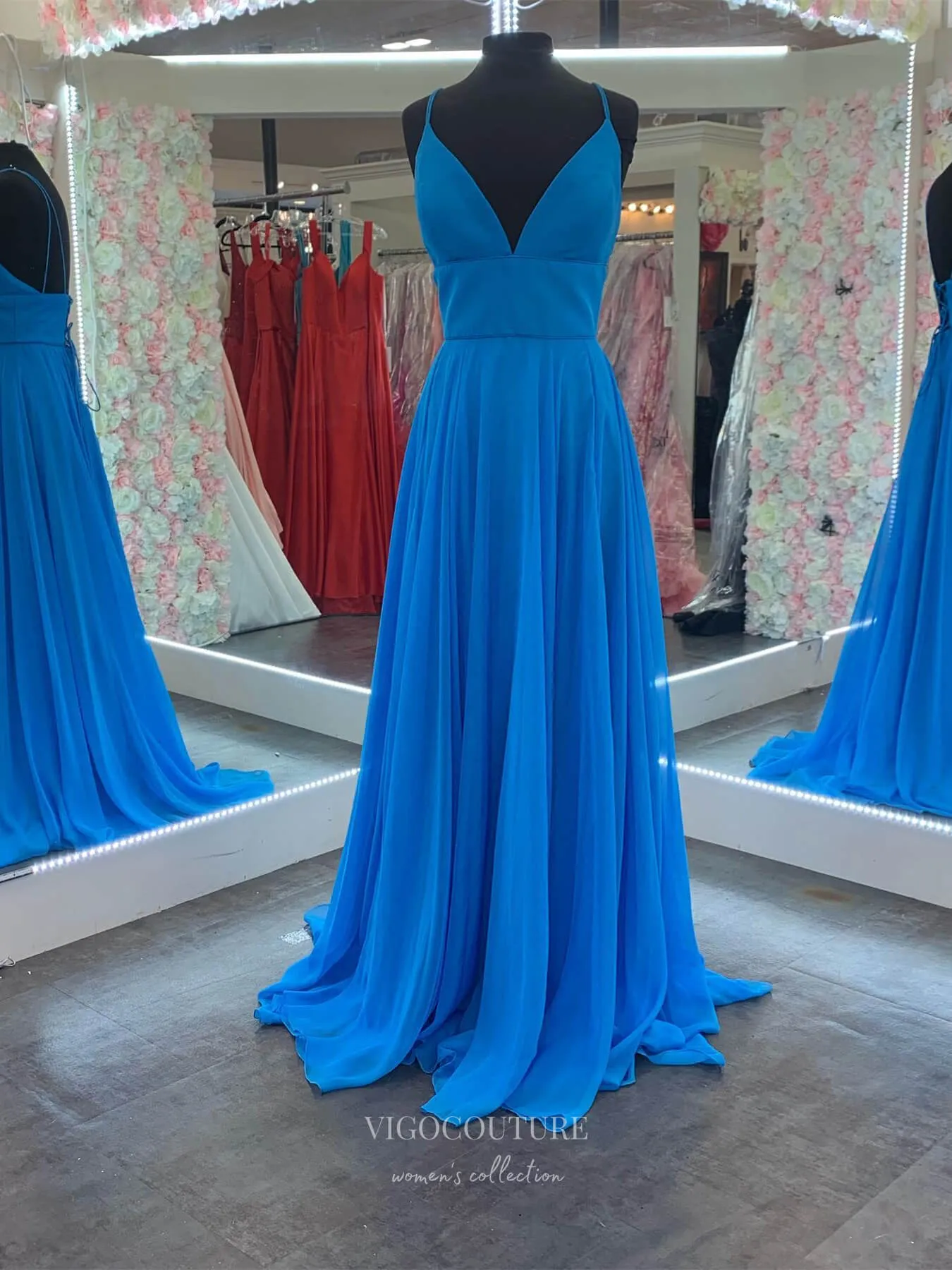 Blue Chiffon Sheath Cheap Prom Dresses Spaghetti Strap V-Neck 24152