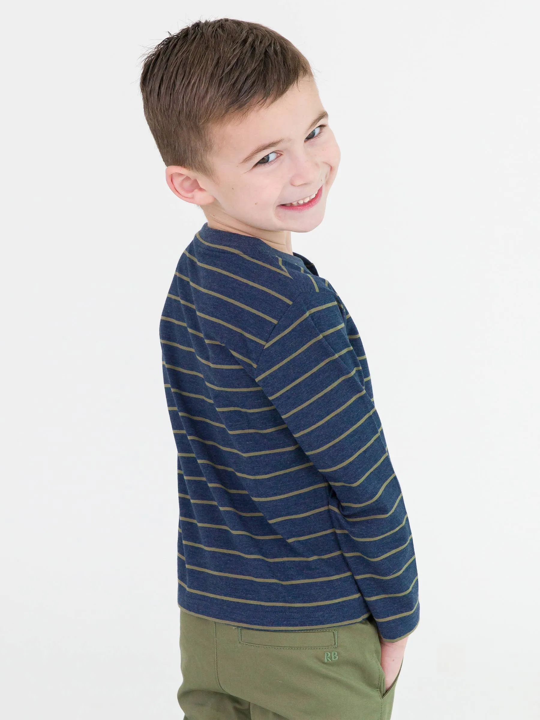 Boys Dusty Olive Stripe Knit Long Sleeve Henley Tee