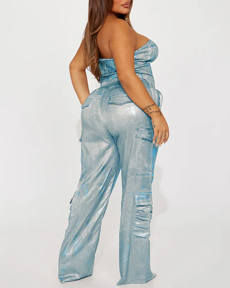 Bright Silver Pocket Casual Strapless Jeans Set