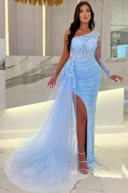 Column Floor-Length Split Front Sky Blue Tulle One Shoulder Long Sleeve Prom Dresses with Lace