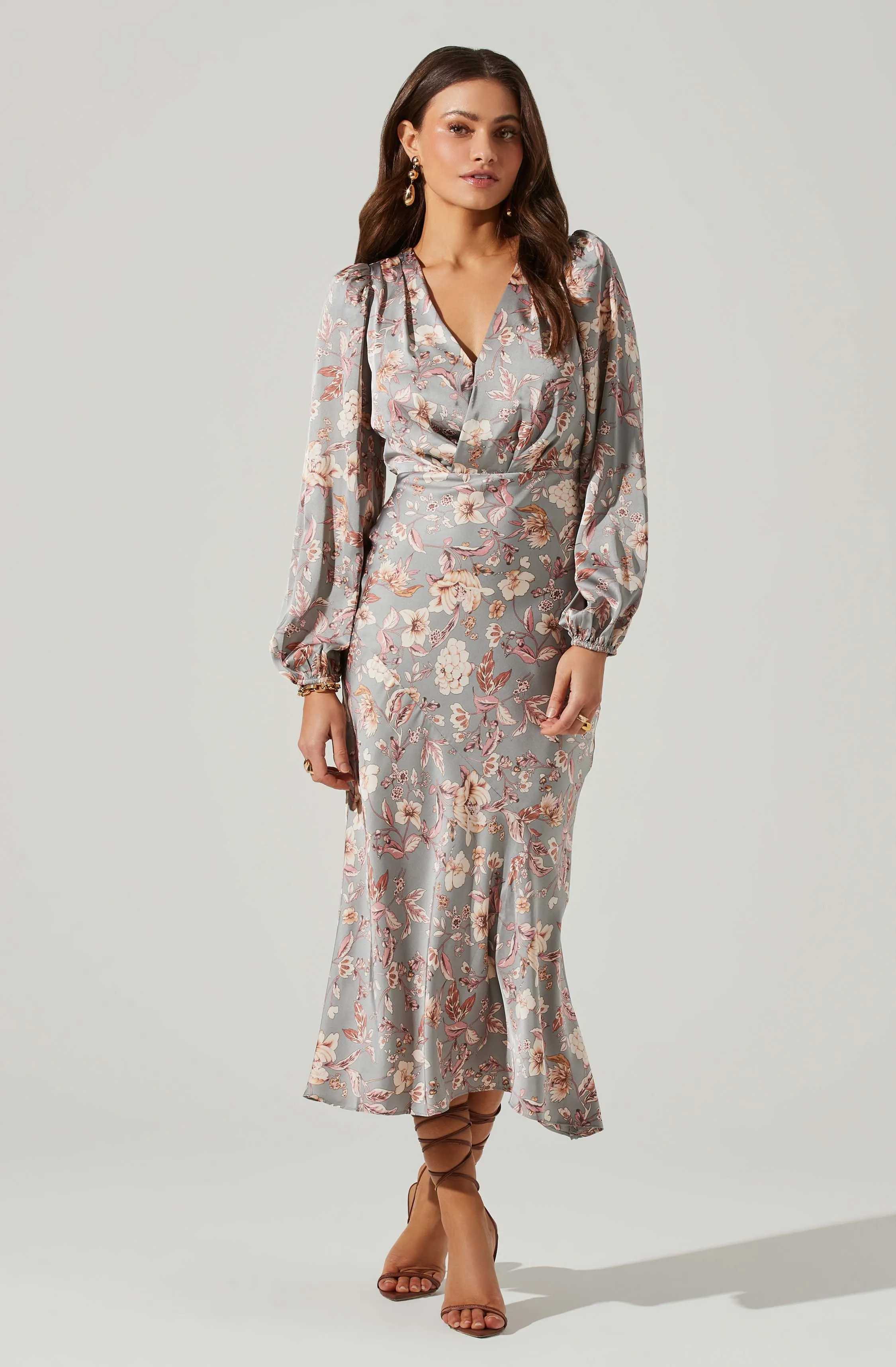 Floral Deep V Long Sleeve Maxi Dress