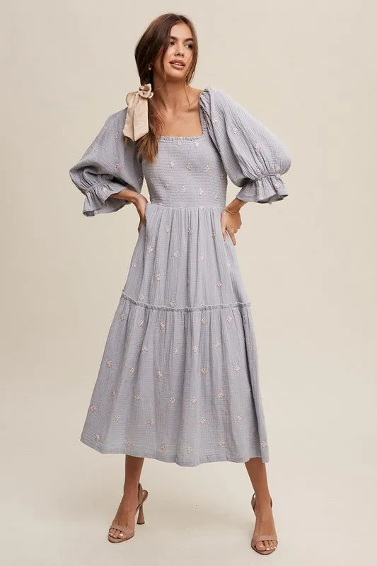 Floral Embroidery Puff Sleeve Maxi Dress