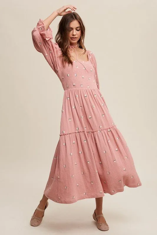 Floral Embroidery Puff Sleeve Maxi Dress