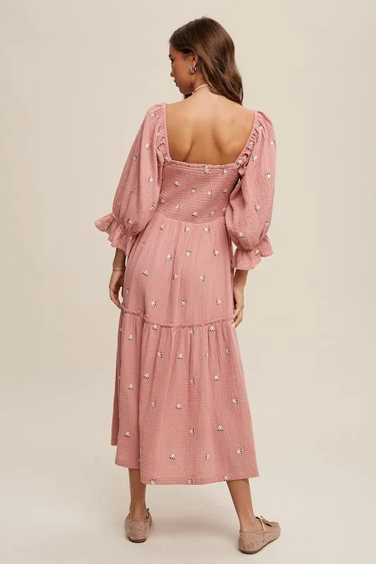 Floral Embroidery Puff Sleeve Maxi Dress