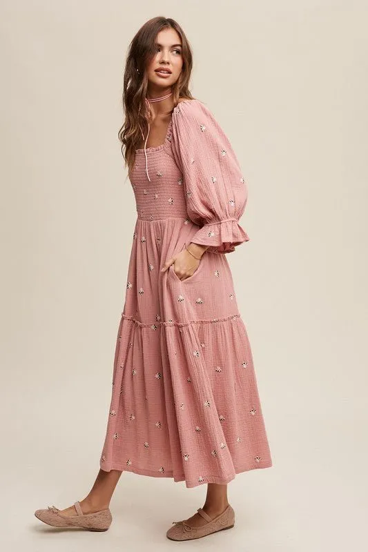 Floral Embroidery Puff Sleeve Maxi Dress