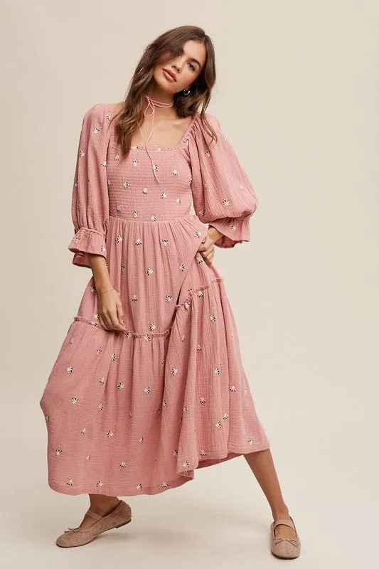 Floral Embroidery Puff Sleeve Maxi Dress