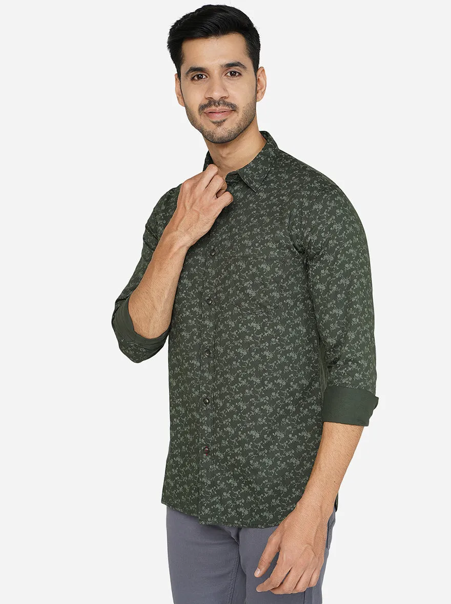 Green Printed Slim Fit Semi Casual Shirt | JadeBlue