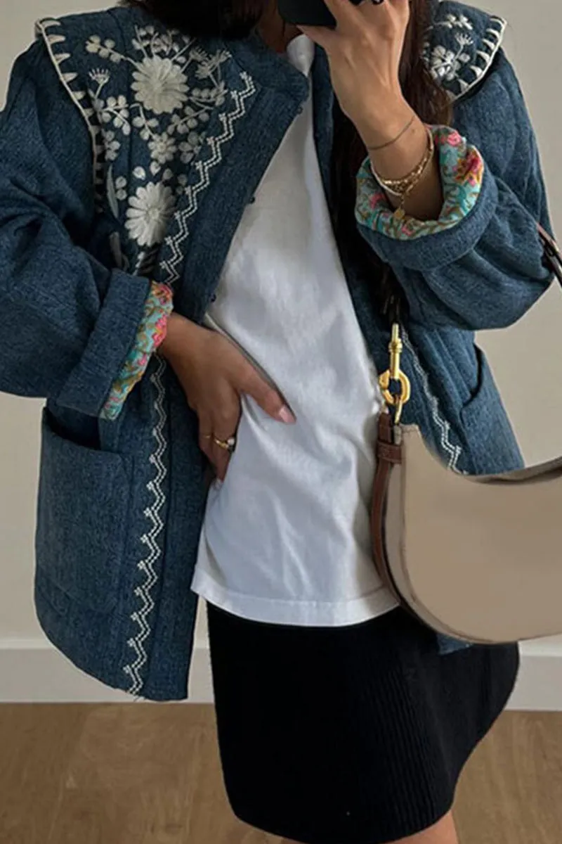 HCR1171 Boho Embroidered Denim Jacket Outerwear