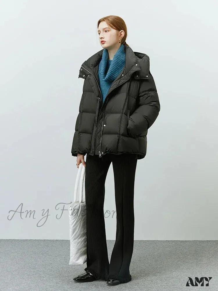 Hooded Goose Solid Color Windproof Short Casual Winter Down Coat