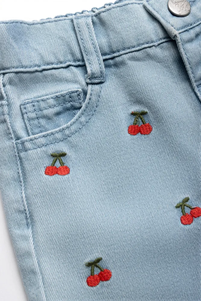 Light Wash Denim With Cherry Embroidery Blue