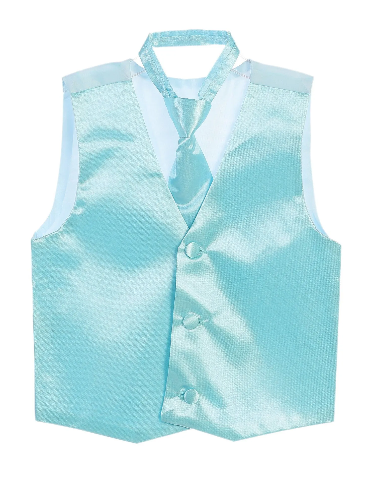 Little Boys Cyan Blue Three Button Satin Vest Tie 2 Pc Set 2-6