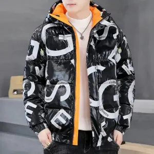 Men's Hooded Bright Leather Winter Jackets Coats Warm Cotton Full Zip Up Puffer Jacket | C890