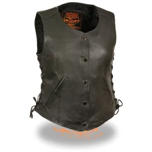 Milwaukee Leather LKL4700 Women's Black Leather Side Laces Round V-Neck Motorcycle Rider Vest with 4-Snaps Closure