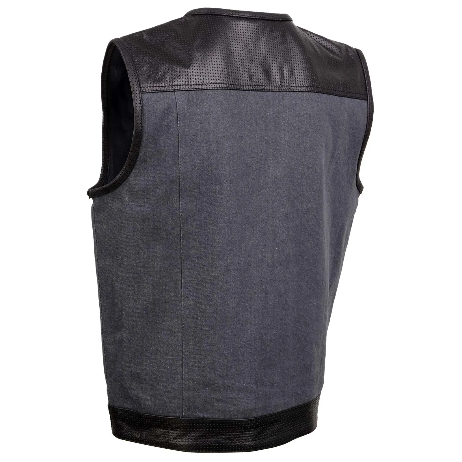 Milwaukee Leather MDM3005 Men's Brute Grey Denim w/ Black Perforated Leather Club Style Vest w/ Hidden Dual Closure