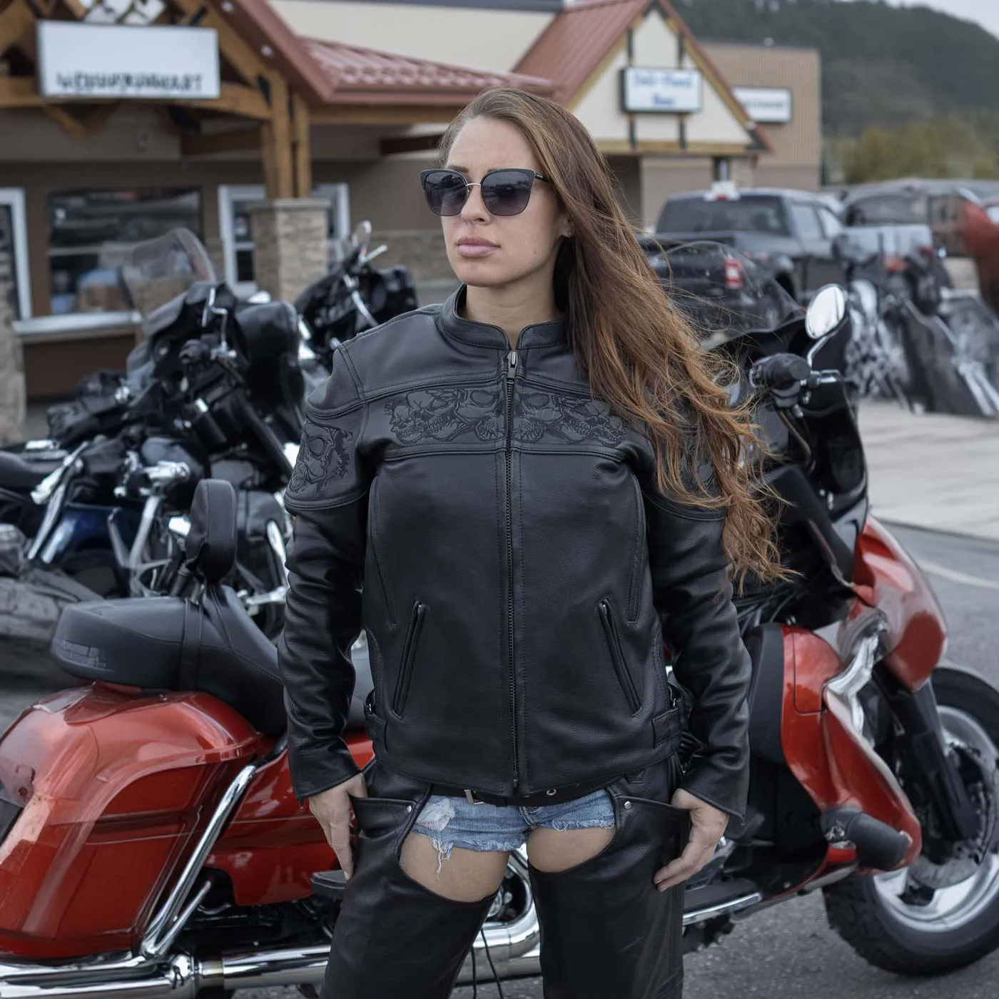 Milwaukee Leather MLL2540 Women's Crossover Black Leather Scooter Jacket w/ Reflective Skull Graphic