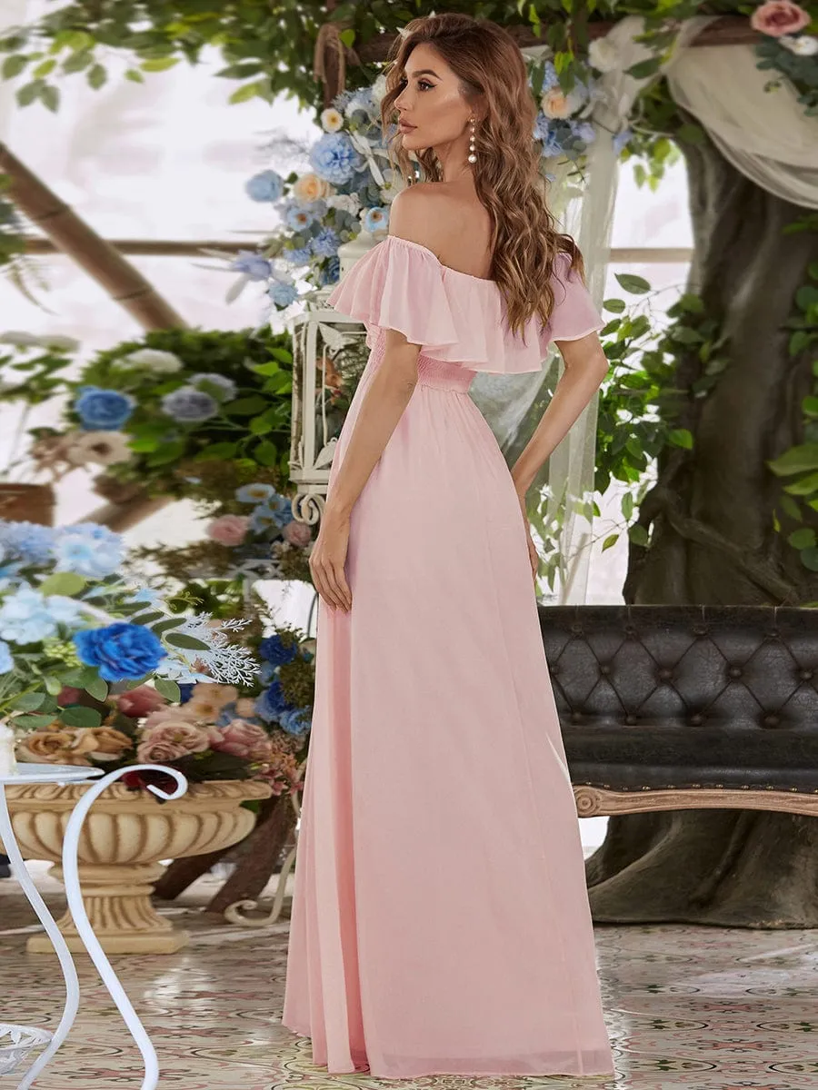 Off the Shoulder Ruffle Bodice Long Flowy Chiffon Bridesmaid Dress