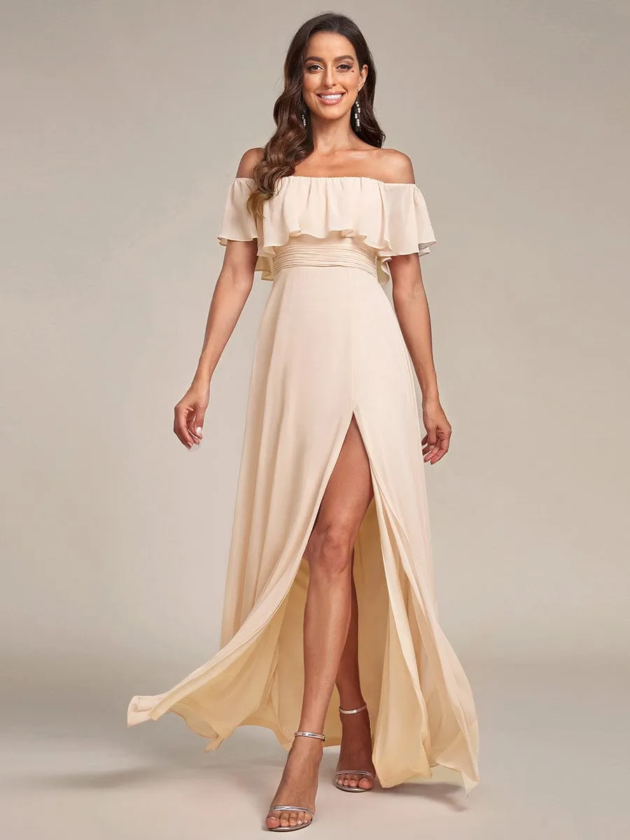 Off the Shoulder Ruffle Bodice Long Flowy Chiffon Bridesmaid Dress