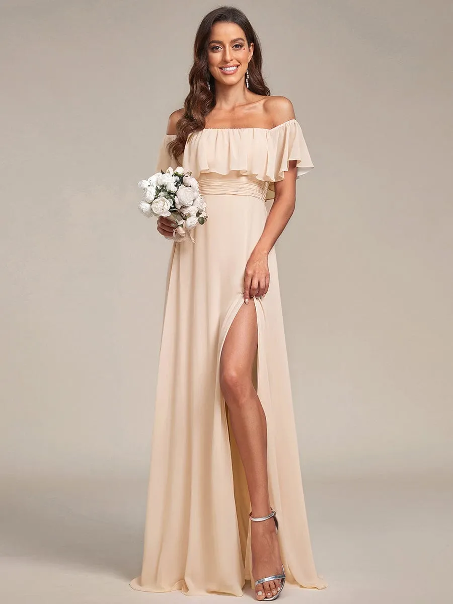 Off the Shoulder Ruffle Bodice Long Flowy Chiffon Bridesmaid Dress