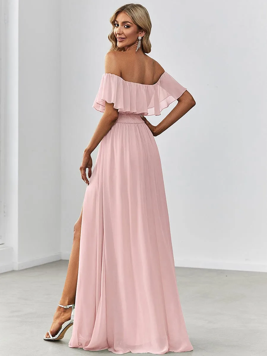 Off the Shoulder Ruffle Bodice Long Flowy Chiffon Bridesmaid Dress