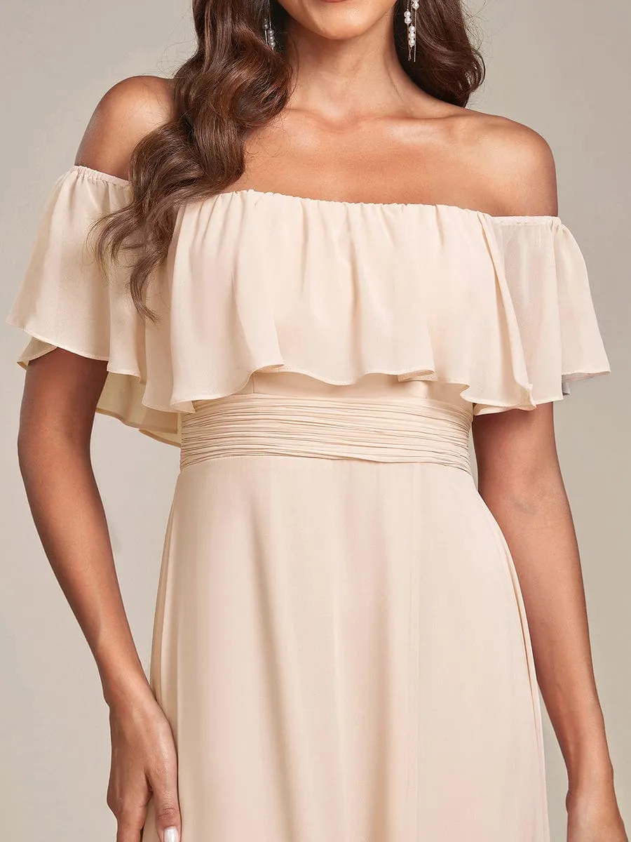 Off the Shoulder Ruffle Bodice Long Flowy Chiffon Bridesmaid Dress