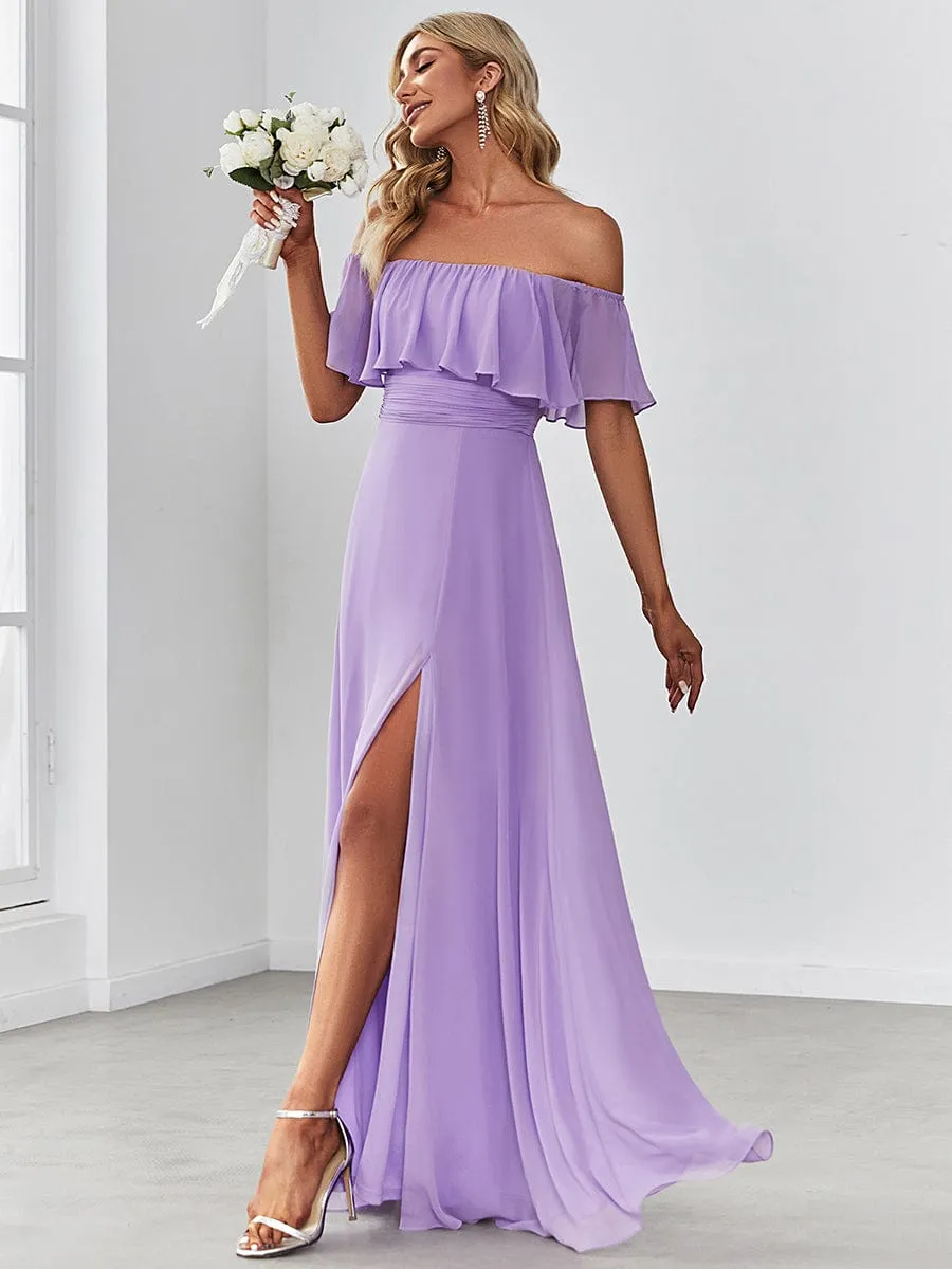 Off the Shoulder Ruffle Bodice Long Flowy Chiffon Bridesmaid Dress