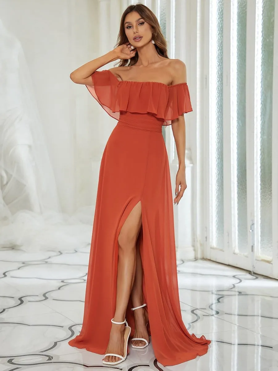 Off the Shoulder Ruffle Bodice Long Flowy Chiffon Bridesmaid Dress