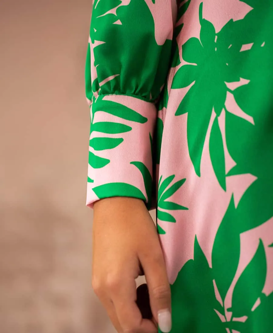 Pink Palm Print Satin Maxi Dress