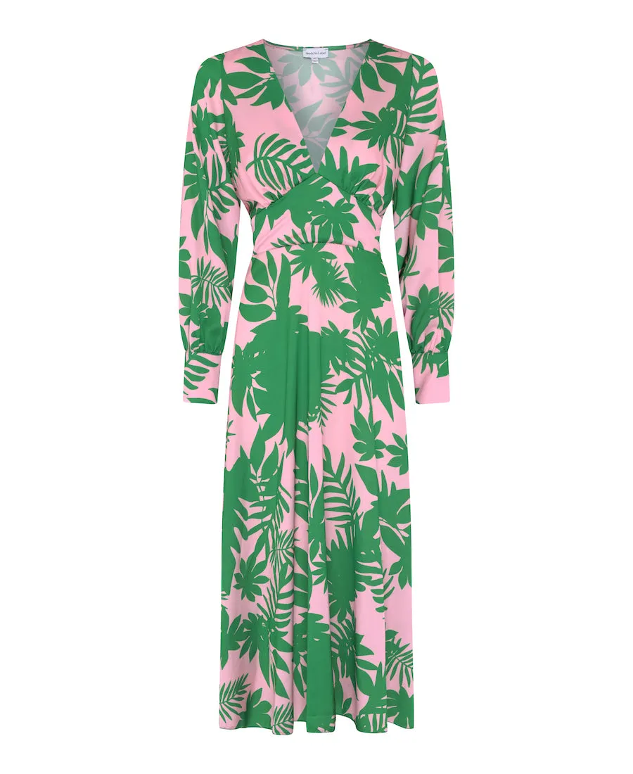 Pink Palm Print Satin Maxi Dress