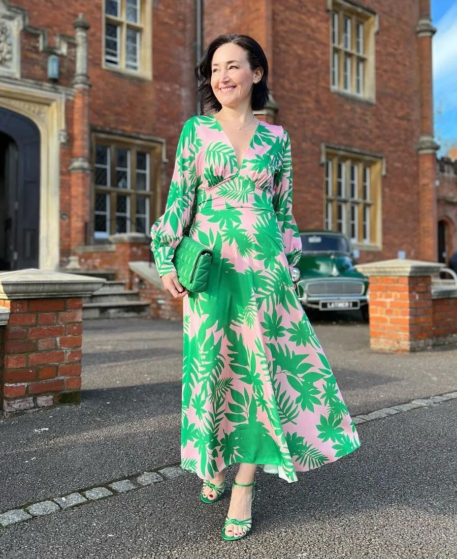 Pink Palm Print Satin Maxi Dress