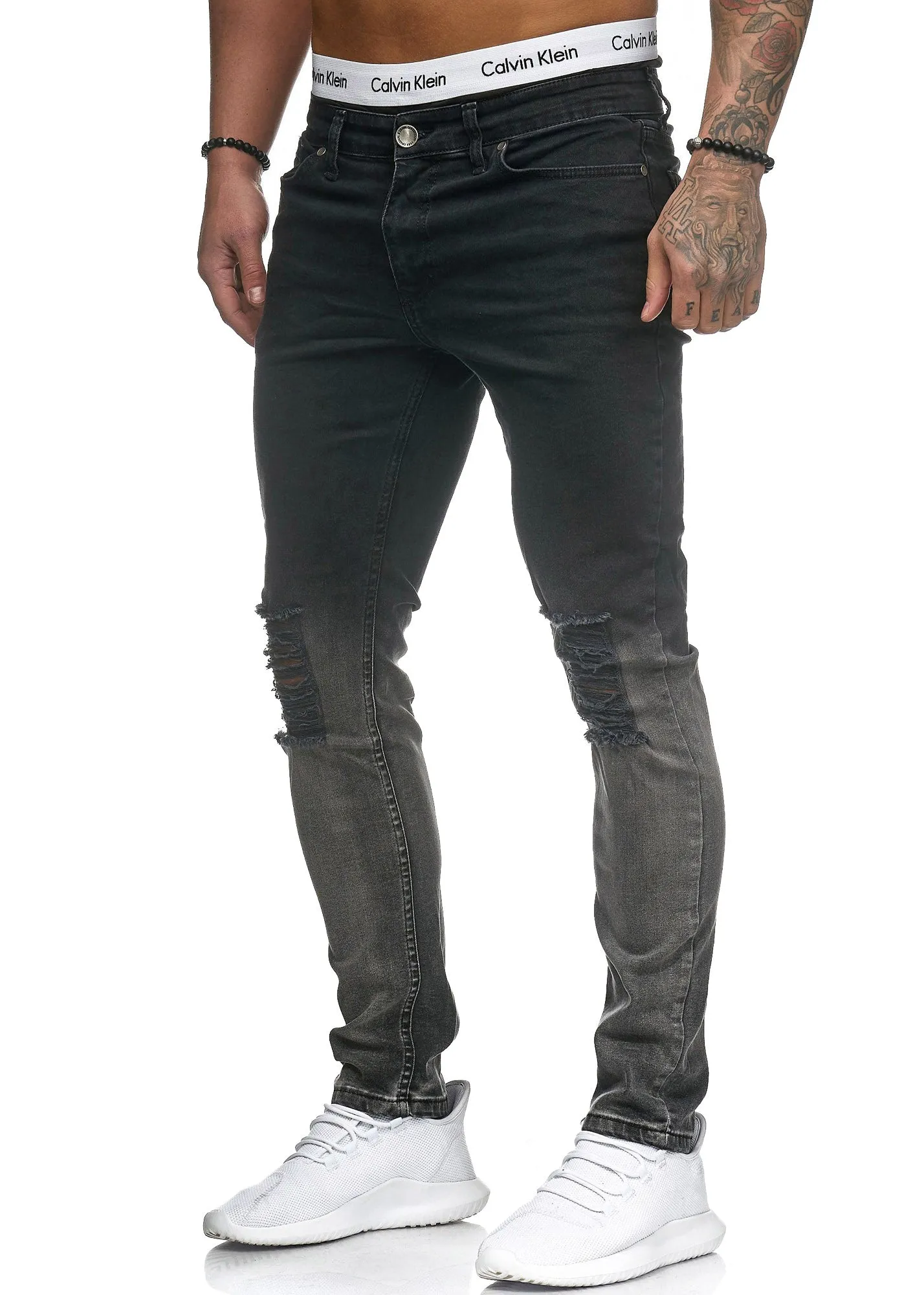 Scrapped Knees Fading Skinny Ripped Distressed Jeans - Black X3