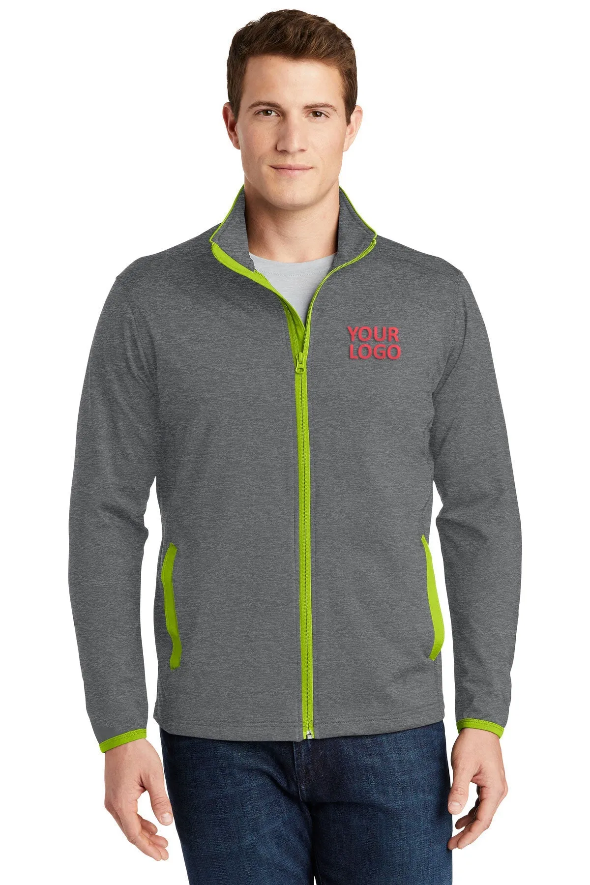 Sport-Tek Sport-Wick Stretch Contrast Branded Full-Zip Jackets, Charcoal Grey Heather/ Charge Green