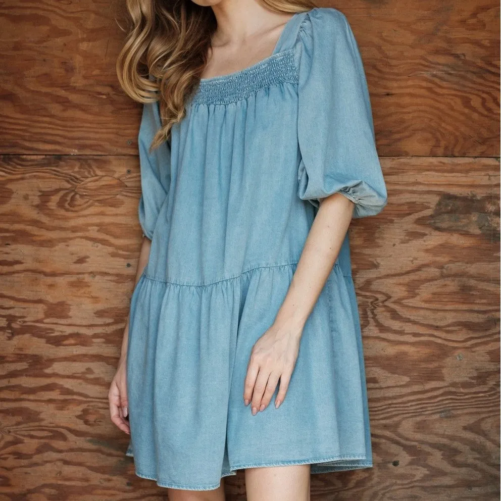 Square Neck Tencel Chambray 3/4 Sleeve Denim Dress