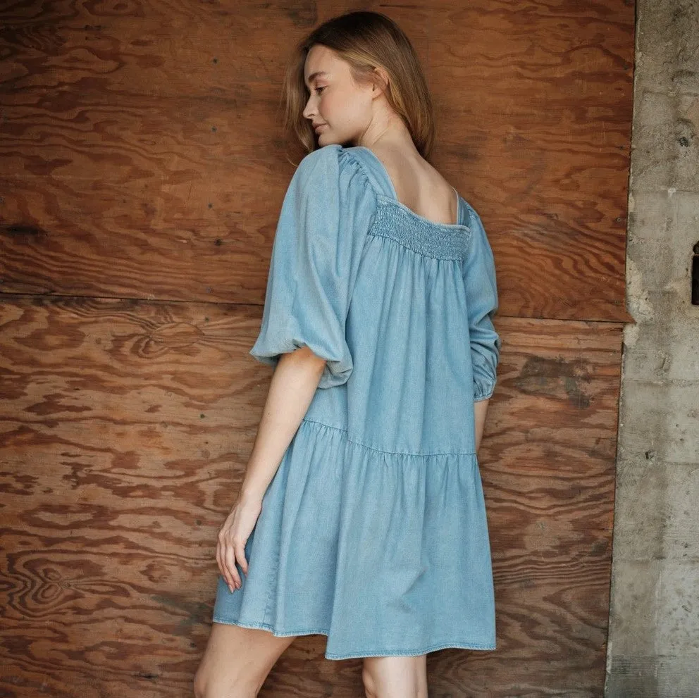 Square Neck Tencel Chambray 3/4 Sleeve Denim Dress