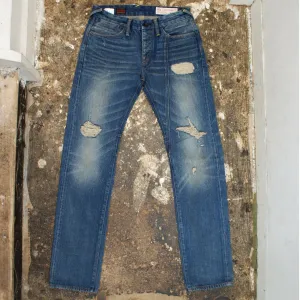 Stonewashed Distressed Slim Leg Buckleback Denim Jeans