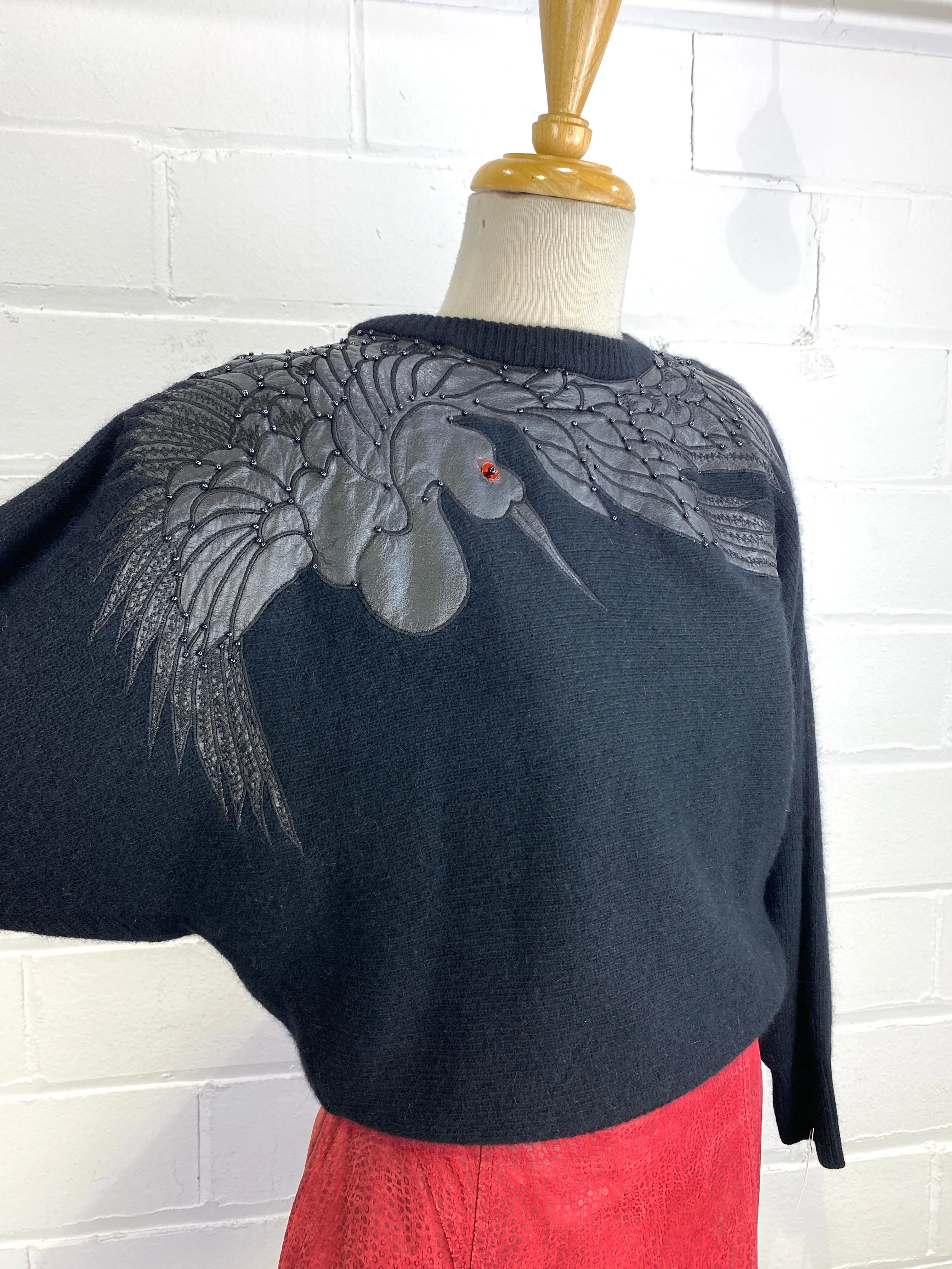 Vintage 1980s Black Wool/ Angora Sweater with Leather Appliqué Bird, Large