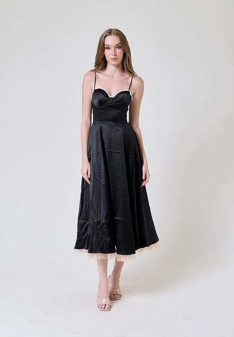 Viola Black Bustier Flowy A Line Midi Dress