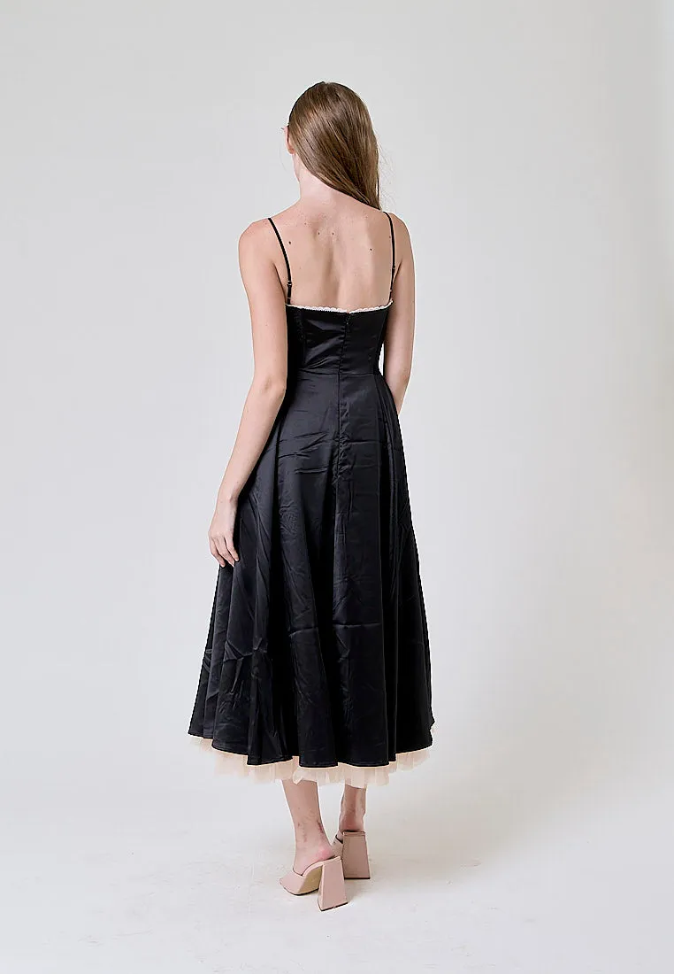 Viola Black Bustier Flowy A Line Midi Dress