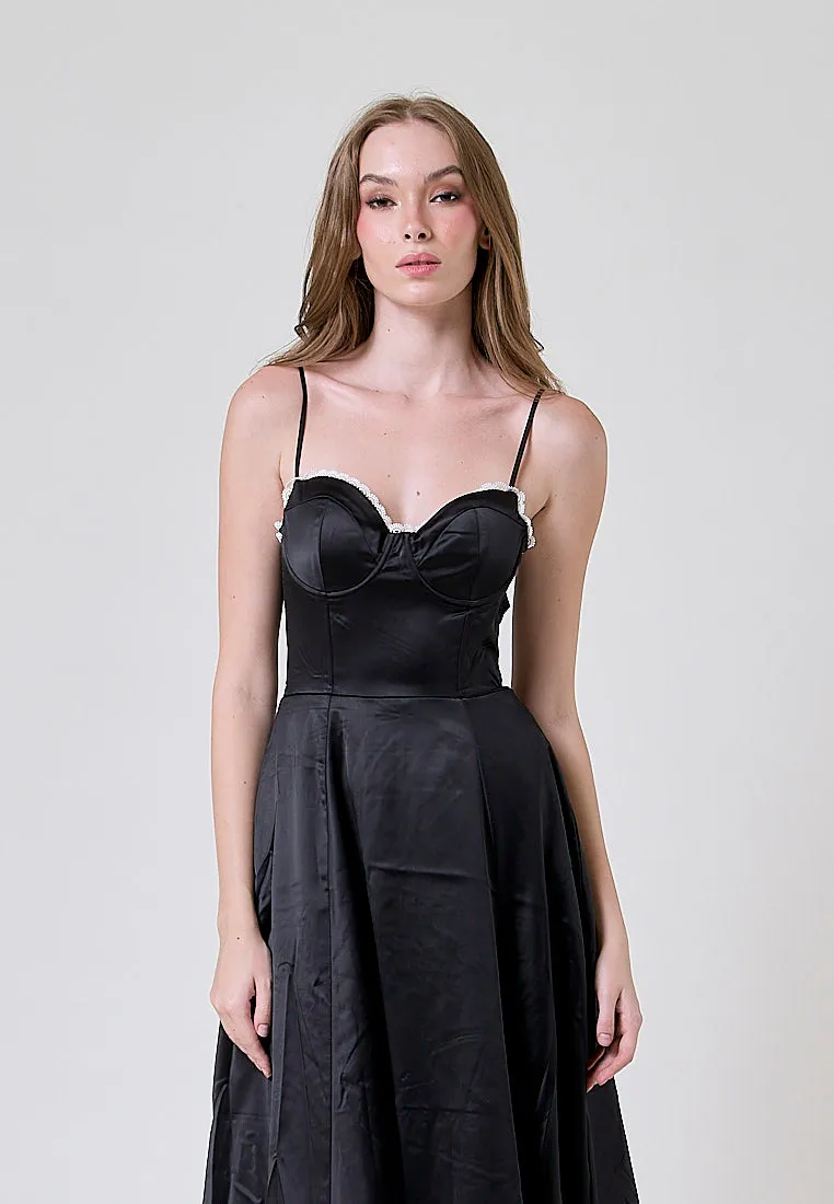 Viola Black Bustier Flowy A Line Midi Dress