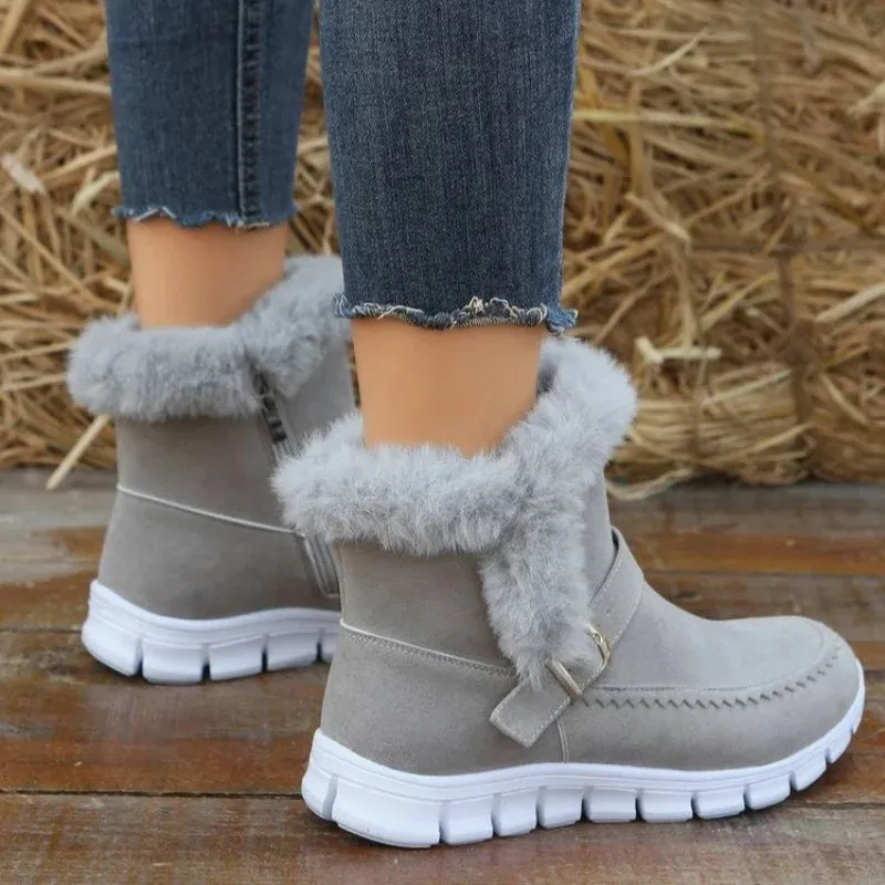 Winter Warm Plush Ankle Snow Boots for Women – Buckle Design