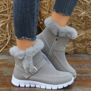 Winter Warm Plush Ankle Snow Boots for Women – Buckle Design