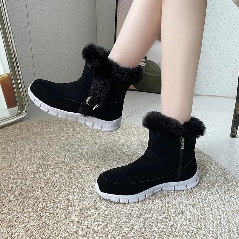 Winter Warm Plush Ankle Snow Boots for Women – Buckle Design