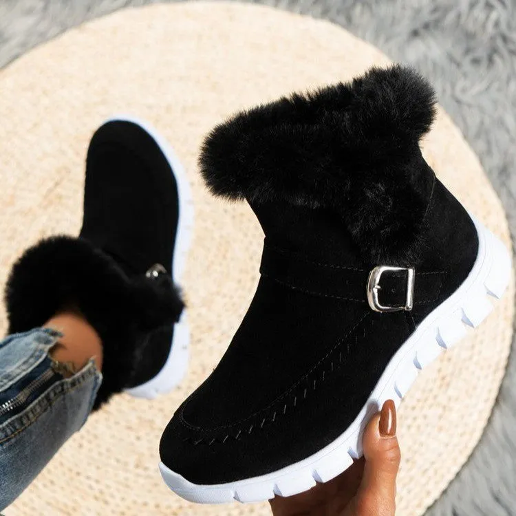 Winter Warm Plush Ankle Snow Boots for Women – Buckle Design