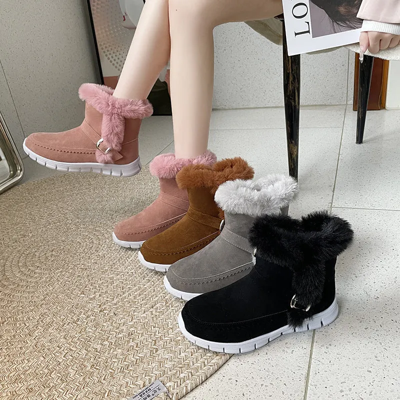 Winter Warm Plush Ankle Snow Boots for Women – Buckle Design