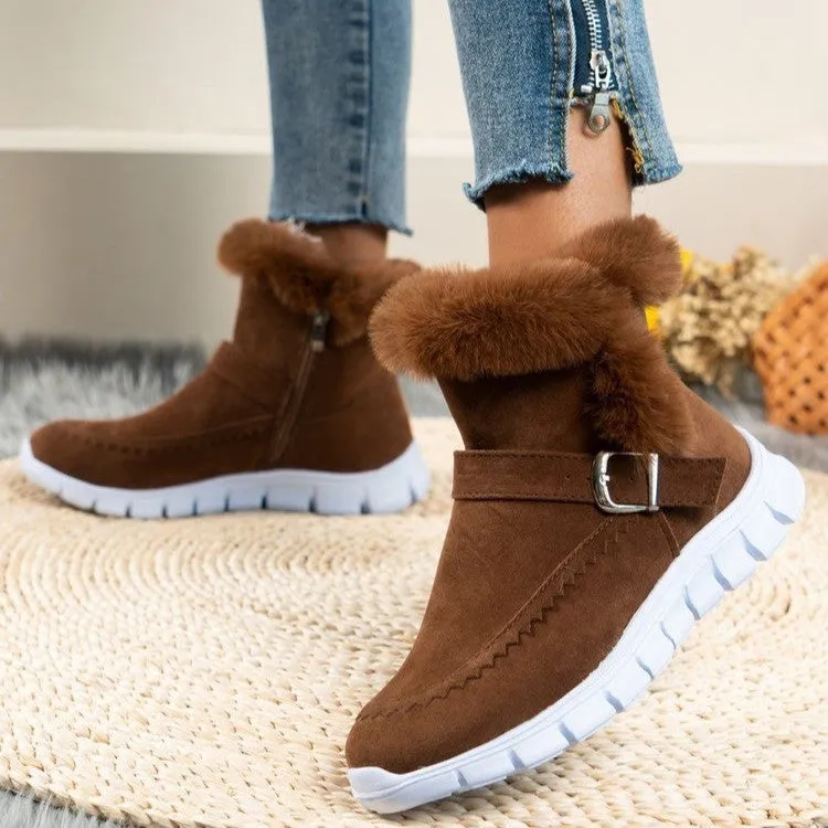 Winter Warm Plush Ankle Snow Boots for Women – Buckle Design