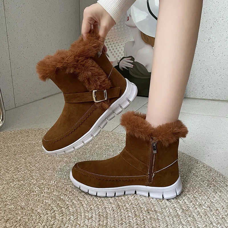 Winter Warm Plush Ankle Snow Boots for Women – Buckle Design