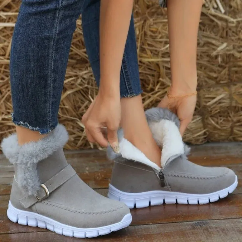 Winter Warm Plush Ankle Snow Boots for Women – Buckle Design