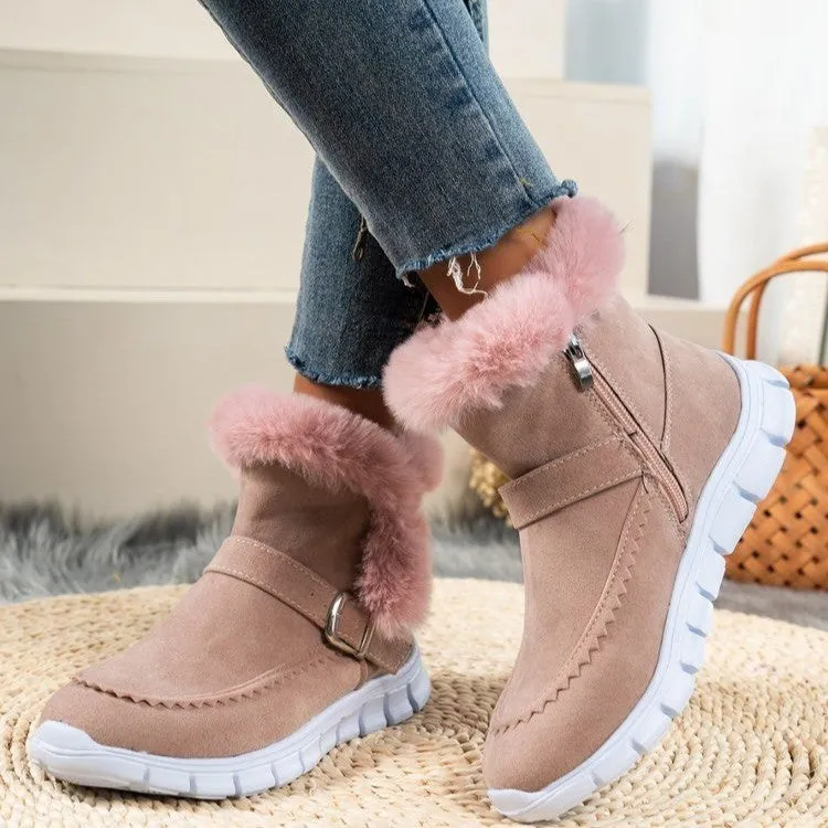 Winter Warm Plush Ankle Snow Boots for Women – Buckle Design