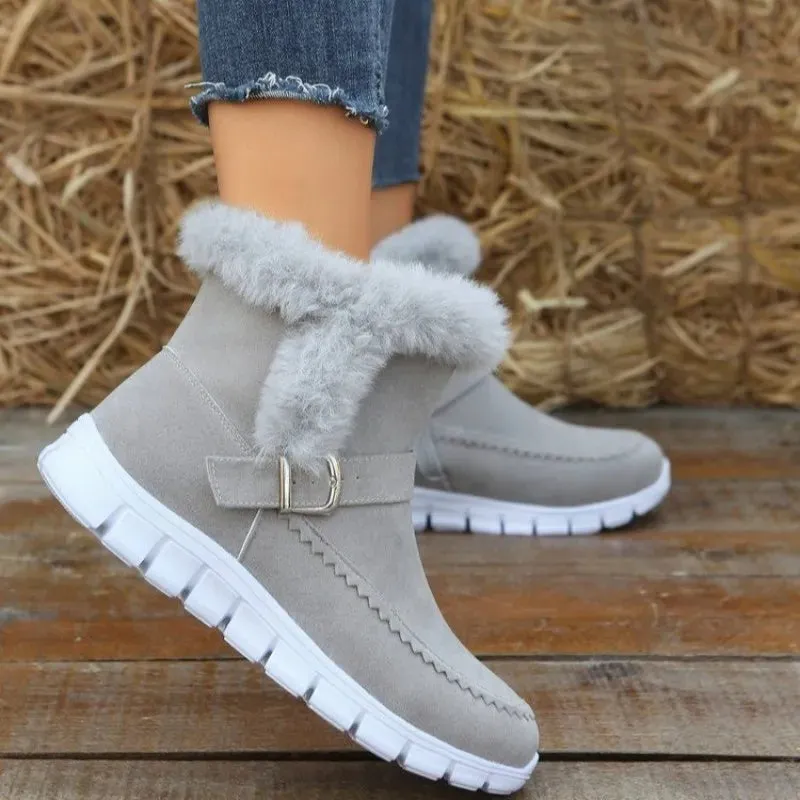 Winter Warm Plush Ankle Snow Boots for Women – Buckle Design